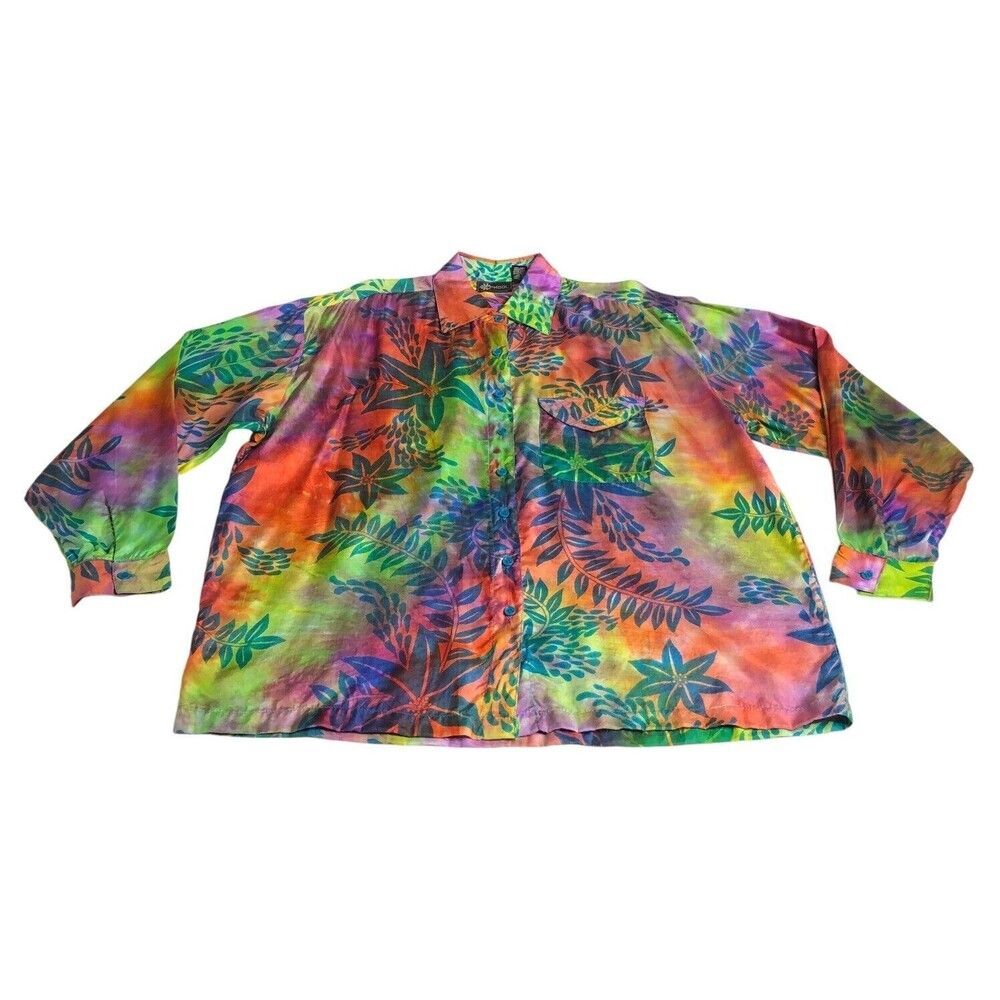 Vintage Phool Top Women M Floral Tie Dye Hawaiian Oversized Button Boho Festival